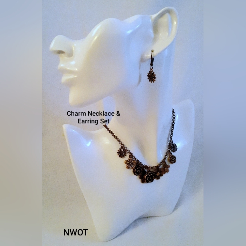 Floral Charm Necklace & Earrings Set